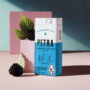 Kiva Petra Blackberry Mints tin with 2.5mg THC and 2.5mg CBN