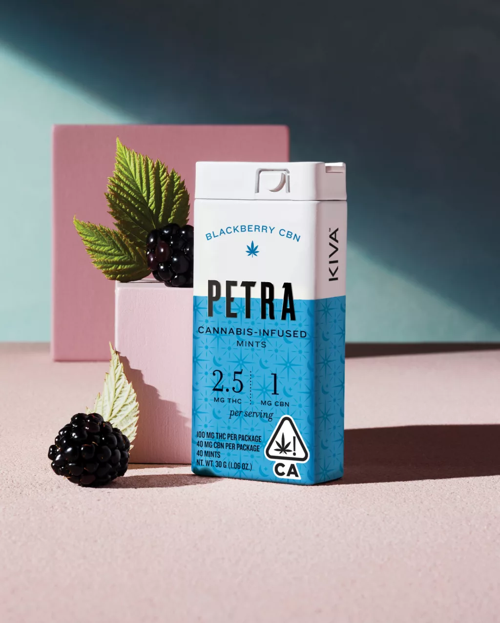 Kiva Petra Blackberry Mints– THC + CBN Microdose Sleep Edibles Kiva Petra Blackberry Mints tin with 2.5mg THC and 2.5mg CBN