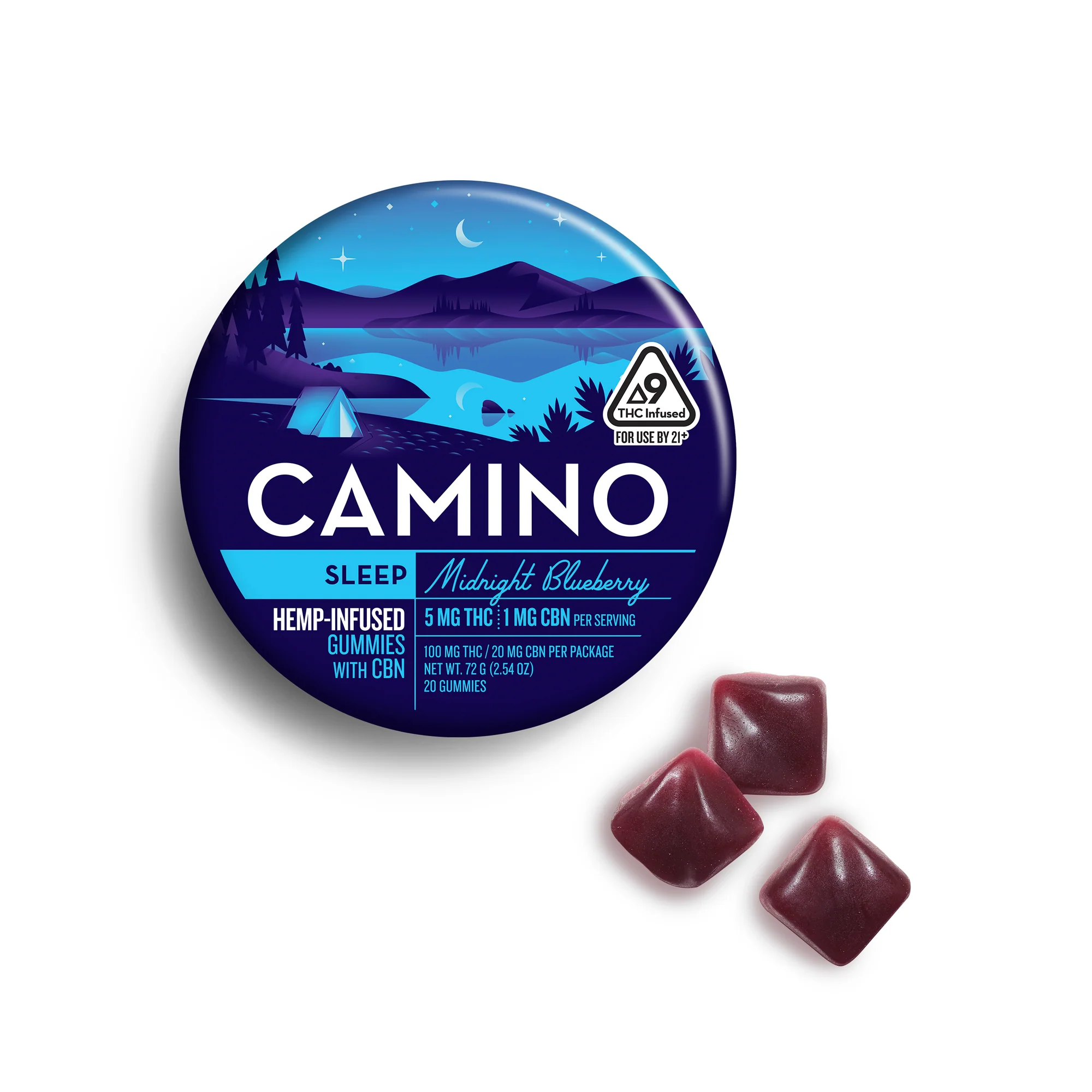 Camino Midnight Blueberry Sleep Gummies – THC + CBN Edibles Camino Midnight Blueberry Sleep Gummies tin with THC and CBN