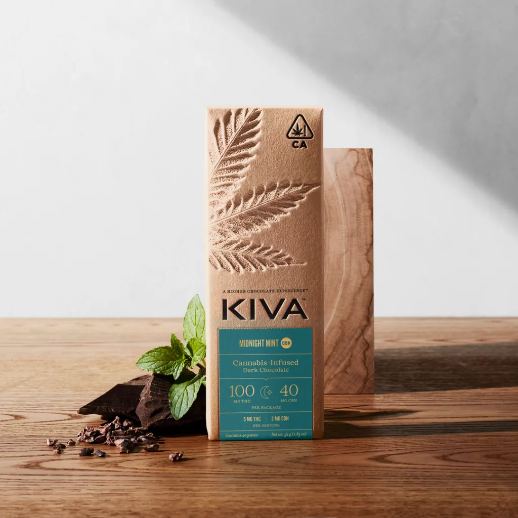 Kiva Midnight Mint CBN Chocolate Bar – THC + CBN Sleep Edible Kiva Midnight Mint CBN Chocolate Bar with 5mg THC and 2mg CBN